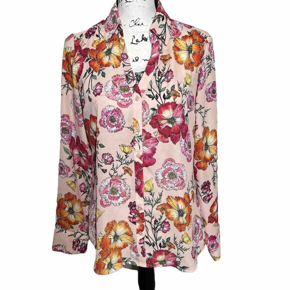 Express Tops - Express Floral Portofino Blouse MEDIUM Slim Fit Long Sleeve V Neck Red Pink Top